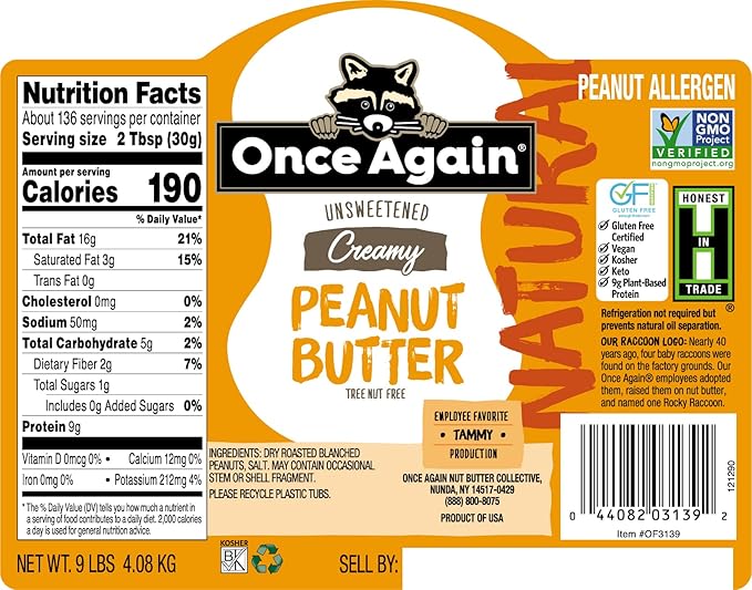 Once Again Natural Creamy Peanut Butter 9lb Bucket (same as 9 jars) - Lightly Salted Unsweetened - Gluten Free Certified Vegan Kosher Non-GMO Verified