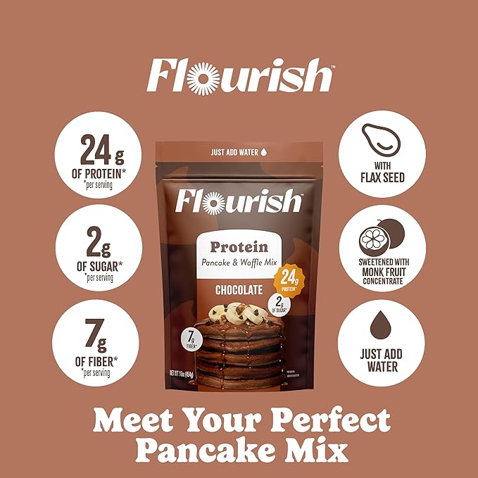 Flourish Protein Pancake &amp Waffle Mix with Whey Protein &amp Flax Seed No Added Sugar High in Protein &amp Fiber - Just Add Water - Chocolate Flavour 430g (3 Pack) - Made in Canada