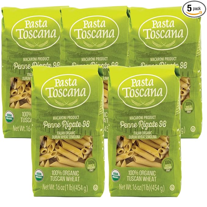 Pasta Toscana Italian Organic Pasta | Organic Tuscan Wheat | Italian Organic Durum Wheat Semolina 16 oz (Pack of 5 Penne Rigate)