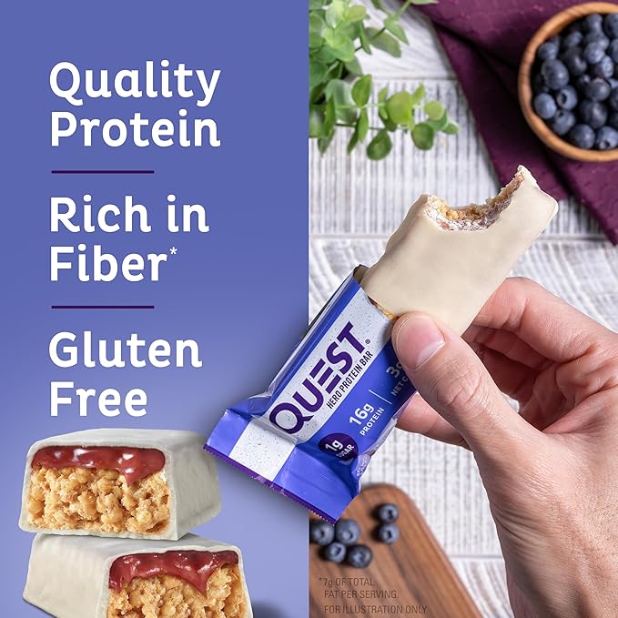 Quest Protein Bars Bundle: Blueberry Cobbler Hero Bar (16g Protein 12 Ct) and Dipped Chocolate Chip Cookie Dough Bar (12 Ct)