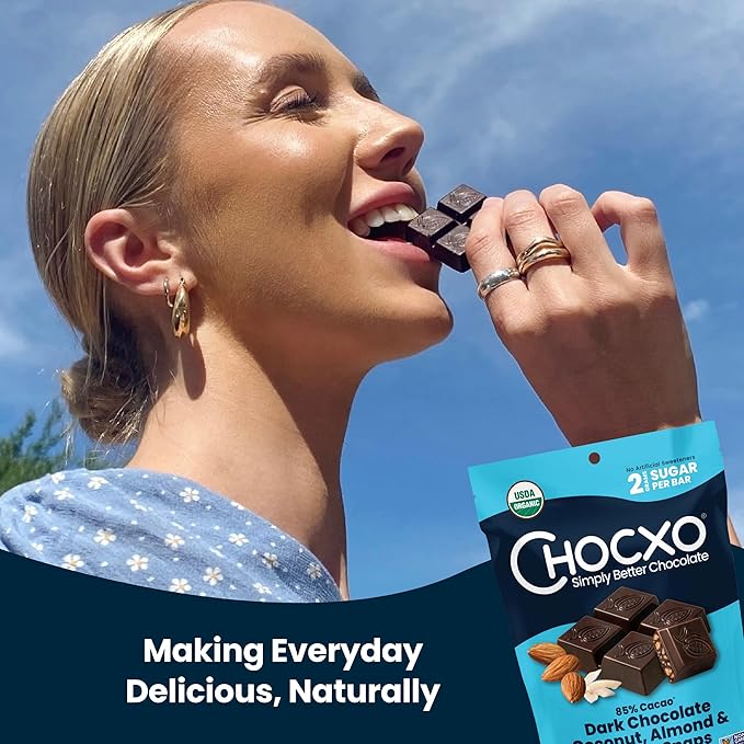 Chocxo Dark Chocolate Coconut Almond &amp Sea Salt Snaps - Low in Sugar Organic 85% Cacao Non-GMO Keto Certified Gluten Free &amp Kosher. No Artificial Sweeteners or Sugar Alcohols 3.45 oz (Pac