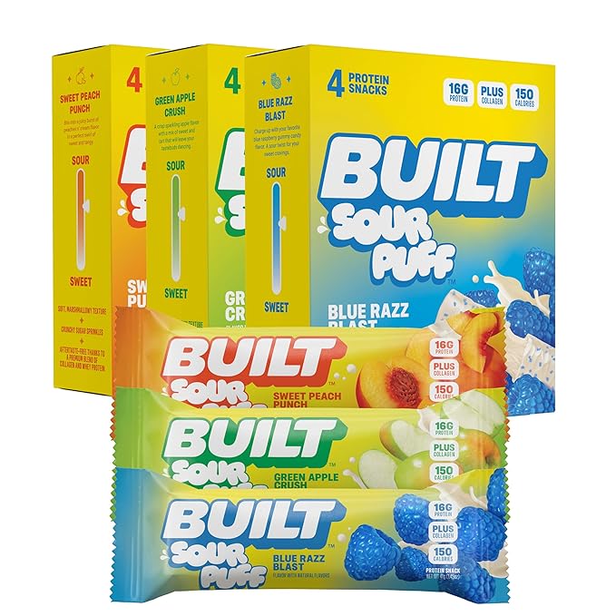 BUILT Bar Sour Puff Protein Bars - Variety Pack - 16g Protein Snack Bars with Collagen - Calorie Conscious &amp Gluten Free - 12 Count