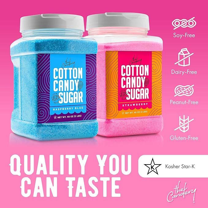 The Candery Cotton Candy Floss Sugar 32oz (2-Pack) Includes | Raspberry Blue and Strawberry | Plastic Reusable Jars | Easy Pour Spout or Scoop | 2 LBS Jars