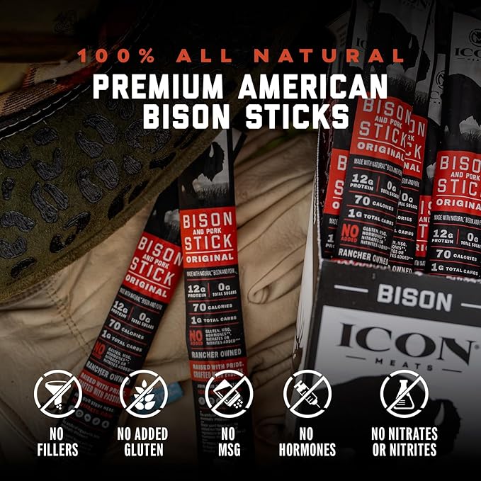 ICON Meats Bison and Pork Snack Sticks Original Flavor 24 Pack of High Protein Snacks Sugar Free Natural Jerky Meat Sticks Gluten Free USDA Inspected Made in USA Gifts for Him
