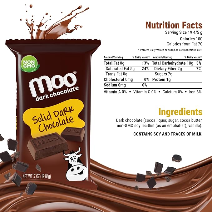 Moo Chocolates All Natural Solid Dark Chocolate Mini Bars 0.7 oz 14 ct (Pack of 1) | 100 Calorie Snacks for On-the-Go Lunchboxes Office