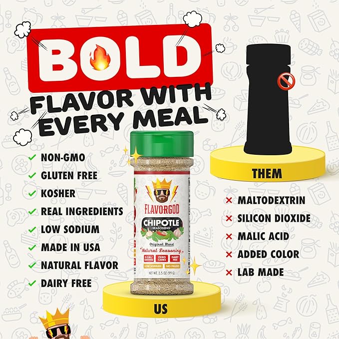Chipotle Seasoning Mix 2 Bottles by Flavor God - Premium All Natural &amp Healthy Spice Blend for Grilling Chicken Beef Seafood &amp Vegetables - Kosher Gluten-Free Dairy-Free Vegan Keto Fri
