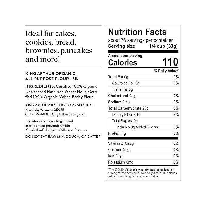 King Arthur 100% Organic All-Purpose Unbleached Flour Non-GMO Project Verified No Preservatives 5 Pounds (Pack of 6)