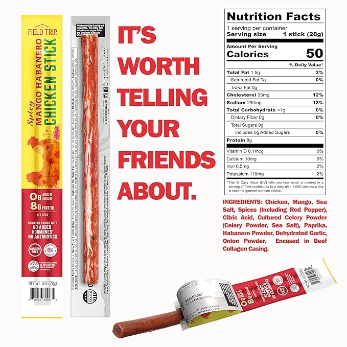 Field Trip Spicy Mango Habanero Chicken Jerky Sticks - Hormone Free Zero Sugar Keto Paleo Gluten Free and Allergy Friendly Snack - 50 Calorie High Protein Snacks - 1oz 24 Pack