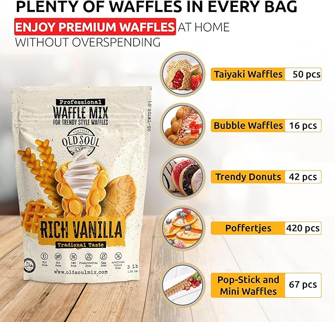 Trendy Waffle &amp Pancake Mix | Bubble Belgian Cone | Natural Ingredients | Easy Preparation | Reach Vanilla Flavor | 15 Lbs
