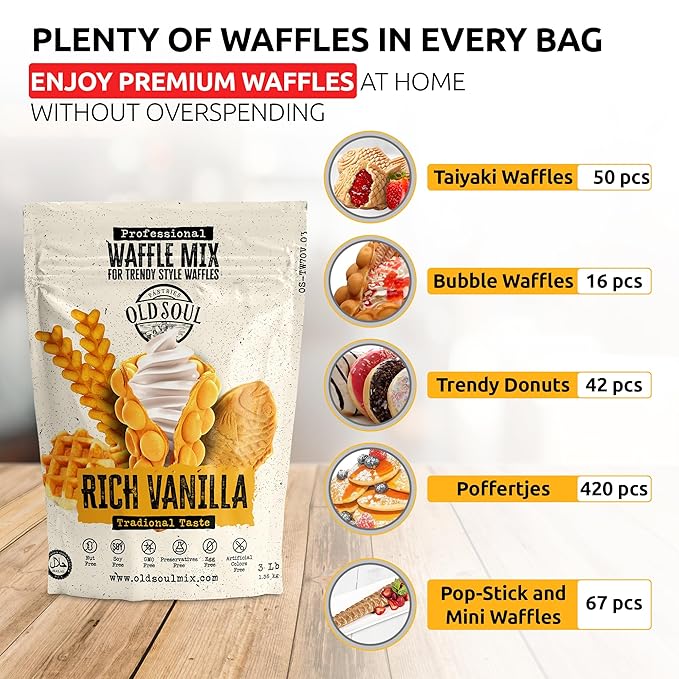 Trendy Waffle &amp Pancake Mix | Bubble Belgian Cone | Natural Ingredients | Easy Preparation | Reach Vanilla Flavor | 6 Lbs