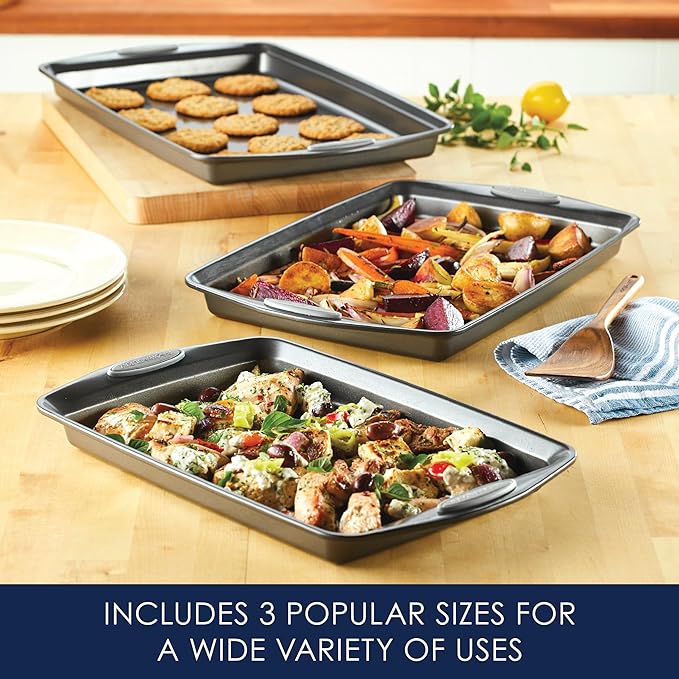 Rachael Ray Nonstick Bakeware Set with Grips Nonstick Cookie Sheets / Baking Sheets - 3 Piece Gray with Sea Salt Gray Grips
