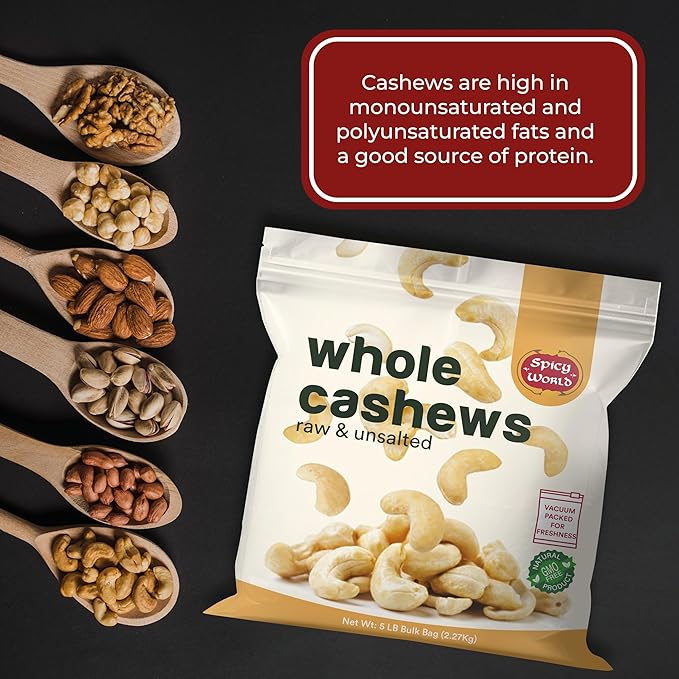 Spicy World Raw Cashews 5 LB (80oz) Bulk - Non-GMO Gluten Free Peanut Free No Additives Unsalted Natural &amp Pure Whole Cashews - Great for Pesto Salads Baking Roasting &amp Cooking