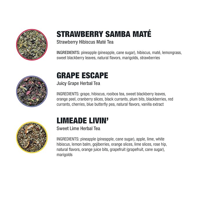 Tiesta Tea - Fresh N' Fruity Trio Loose Leaf 3 Fruit-Filled Blends High to Non-Caffeinated Make Hot or Iced 6 oz Resealable Pouches with Strawberry Grape &amp Sweet Lime