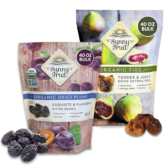 Sunny Fruit Organic Turkish Dried Figs &amp Prunes – 2×2.5 lb Bulk (5 lb) High Fiber Healthy Snack No Added Sugar Unsulphured No Preservatives Non‑GMO Vegan Halal Kosher