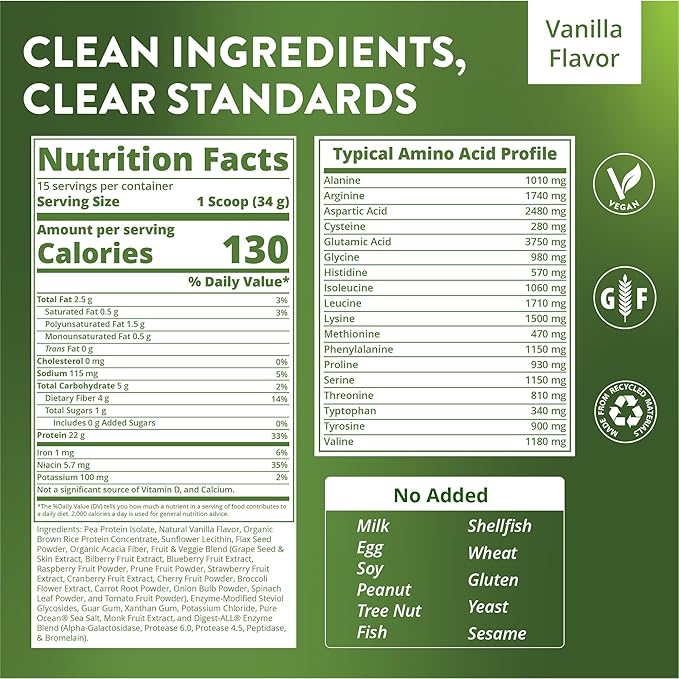 MRM Nutrition Veggie Protein with Superfoods - Vanilla Flavored Protein Powder for Women &amp Men 22g of Vegan Protein Amino Acids &amp Digestive Enzymes Gluten &amp Dairy Free - 15 Servings