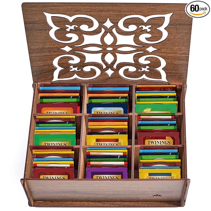 Twinings Tea Bag Sampler Variety with Walnut Wooden Organizer (60 Count) 40 Different Flavours Gift for Tea Lovers: Women Men Mom Dad Family Friends Couples