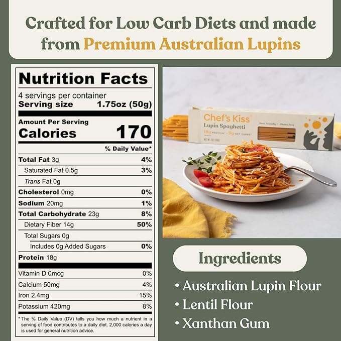 Chef’s Kiss Low Carb Spaghetti | 9g Net Carbs 18g Protein | Keto Low Glycemic Pasta made from Lupins | High Protein Fiber Rich Plant-Based | Keto Spaghetti Alternative | 5-Pack (7oz)