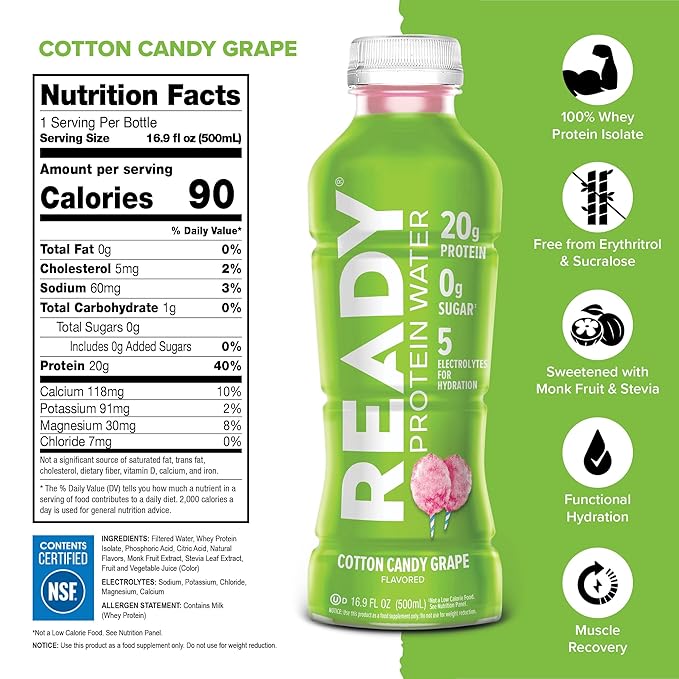 Ready® Clear Protein Water Variety Pack – Black Cherry &amp Cotton Candy Grape | 12 Bottles | 20g Protein | Sugar-Free Hydration