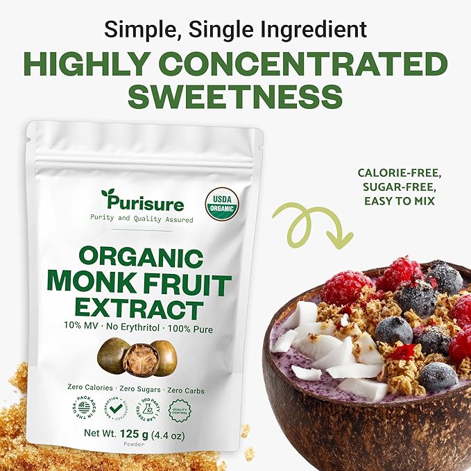 Organic Monk Fruit Extract Powder 125g (4.41oz) No Fillers Pure USDA Organic Monk Fruit Extract Sweetener with No Aftertaste Zero Calorie &amp Zero Carbs Keto &amp Paleo Friendly 403 Servings