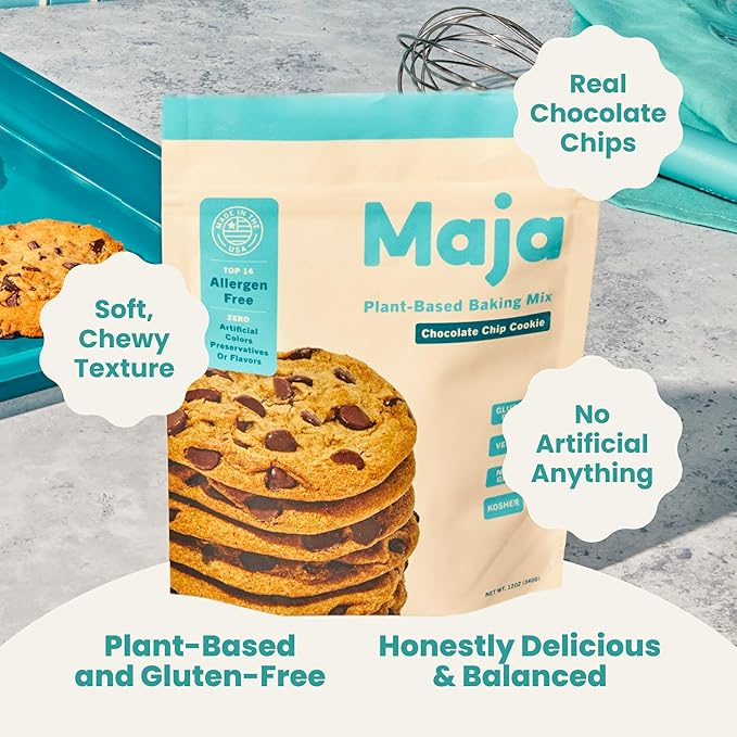 Maja Plant-Based Chocolate Chip Cookie Mix Pack of 2 | Gluten-Free Top 14 Allergen-Free Dairy &amp Egg Free | Soft &amp Chewy Cookie Dough Mix | Clean Ingredients No Artificial Flavors