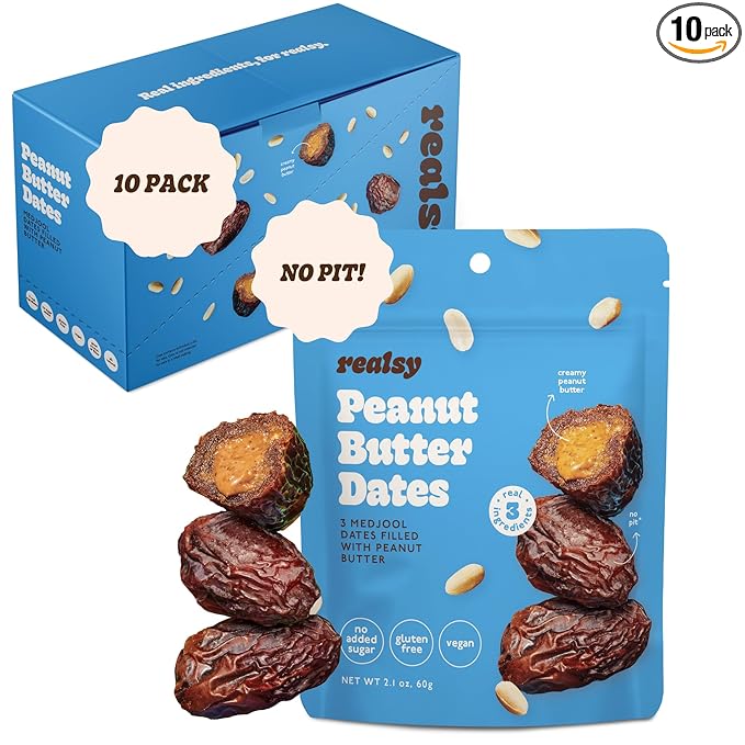 Realsy Peanut Butter Stuffed Medjool Dates Organic Dates with No Sugar Added Gluten-Free Vegan Good Source of Fiber Low Glycemic Index All Natural Healthy Snack (10 Pack)