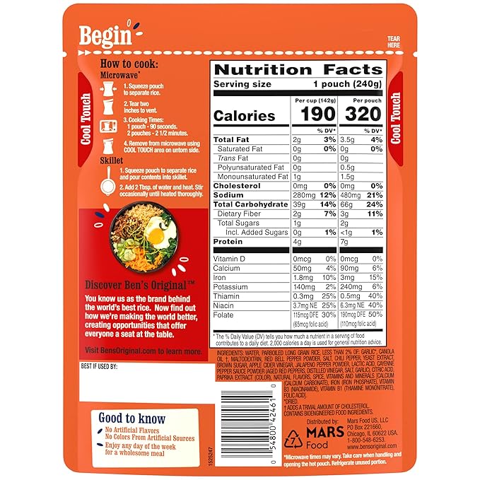 Ben’s Original Ready Rice Chili Garlic Flavored Rice Easy Dinner Side 8.5 oz Pouch (Pack of 12)