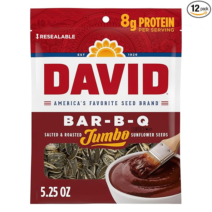 DAVID SEEDS Roasted and Salted Bar-B-Q Jumbo Sunflower Seeds 5.25 oz 12 Pack