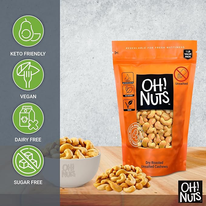 Oh! Nuts Cashews Raw Individual Nut Snacks for On-the-Go - 12 Convenient Nut Snacks for School - Bulk Nuts Variety - Individual Packs (1.5 oz Each)