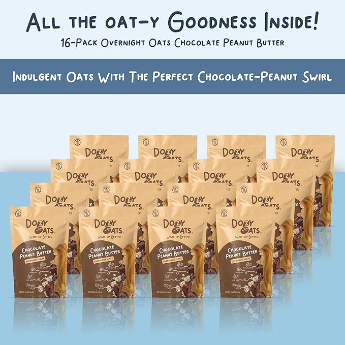 Dozy Oats Overnight Oatmeal Packets Chocolate Peanut Butter Multipack with Rolled Oats Chia Seeds and Date Powder. Gluten-Free Natural Source of Protein and Fiber 16-Pack