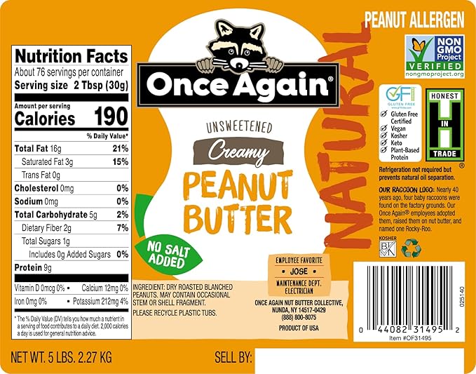 Once Again Natural Creamy Peanut Butter 5lb Pantry Pal (same as 5 jars)- Salt Free Unsweetened - Gluten Free Certified Vegan Kosher Non-GMO Verified