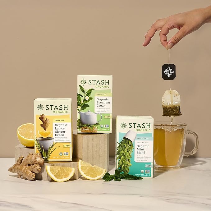 Stash Tea Organic Lemon Ginger Green Tea Caffeinated Non-GMO Project Verified Serve Hot or Iced 96 Tea Bags 16 count (6 pack)