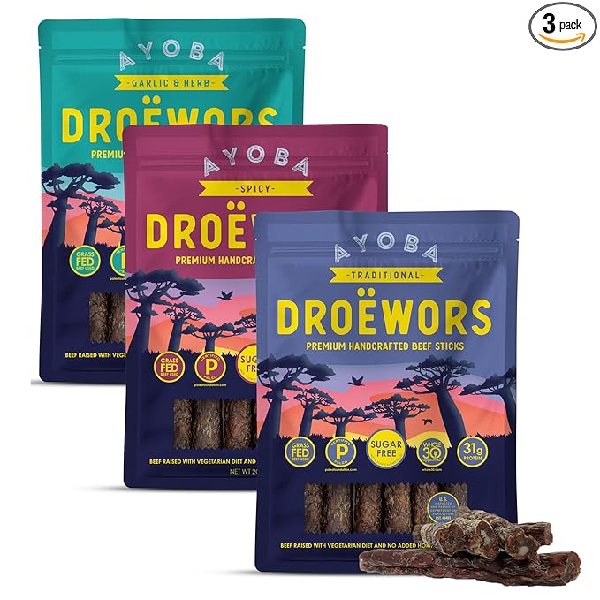Ayoba Droewors Grass Fed Beef Paleo Sticks Variety Pack (2 Ounce Pack of 3) - Keto Friendly Air-Dried Beef Protein Sausage Snacks - Low Carb Gluten Free Nitrate Free No Sugar Meat Snacks