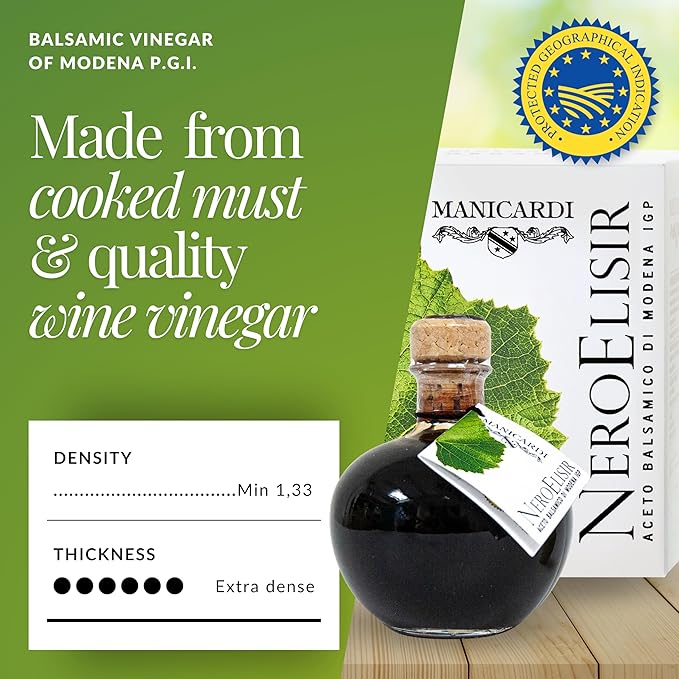 MANICARDI Dense Traditional Balsamic Vinegar of Modena PGI - Extra Thick Italian Black Elisir Perfect for Snacks Pasta Vegetables Salad Dressings Meat - Made in Italy 8.45 Fl Oz (250 ml)