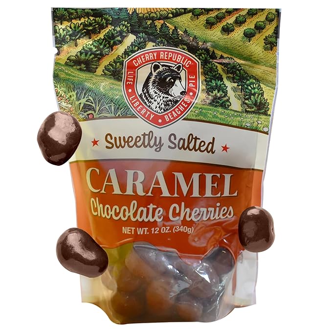 Cherry Republic Caramel Milk Chocolate Cherries 12 oz - Sweetly Salted Caramel Candy Made with Real Michigan Dried Cherries Handcrafted Sweet &amp Tart Milk Chocolate Candy for Gifting or Snacking