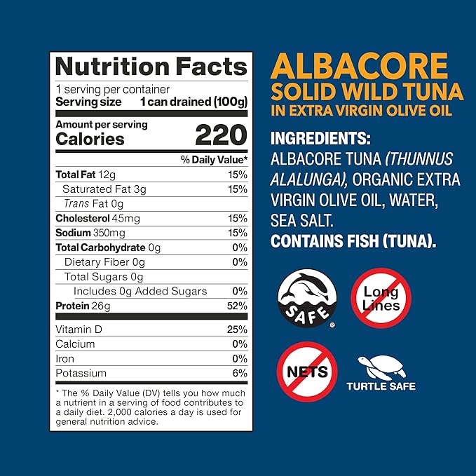 Wild Planet Albacore Wild Tuna in Extra Virgin Olive Oil Canned Tuna Sustainably Wild-Caught Pole &amp Line 5oz (Pack of 12)