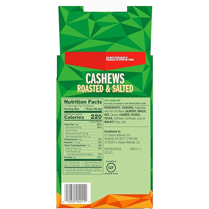 Emerald Nuts Roasted &amp Salted Cashews 12 Ct (1-Pack) 1.25 Oz Individual Snack Tubes Plant-Based Protein Kosher Certified Non-GMO Contains No Artificial Preservatives Flavors or Synthetic Col