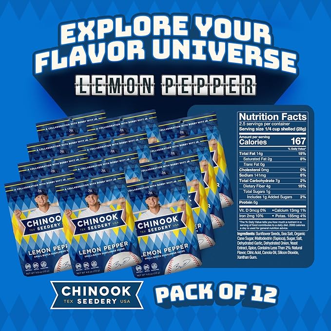 Chinook Seedery Sunflower Seeds to Eat — Jumbo Flavored Roasted Low Sodium Snacks — Keto Friendly Gluten-Free Non-GMO —Lemon Pepper Flavor 4 oz (12-Pack)