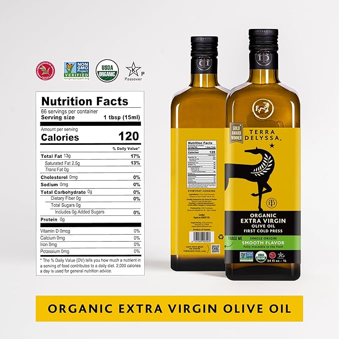 Terra Delyssa First Cold Pressed Organic Extra Virgin Olive Oil Single Sourced 1 L (34 fl. oz) Dark Glass Bottle - 1 Pack Non-GMO Naturally Rich in Antioxidants and Polyphenols