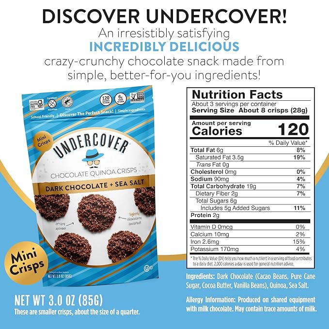 Undercover Snacks Chocolate Quinoa Crisps - Dark Chocolate + Sea Salt Quinoa Crisps | 7-Pack 3oz Bags of Mini Crisps | Gluten Free Nut-Free Allergen Friendly Kosher Plant-Based