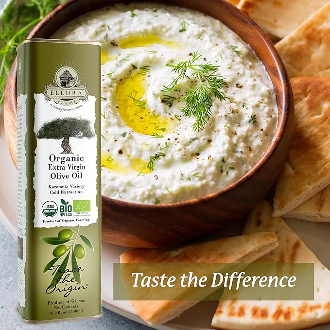 Ellora Farms Organic Extra Virgin Greek Olive Oil High in Phenols Cold Press Traceable Kosher 17 oz. tin Pack of 4