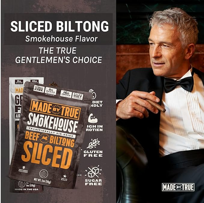 Made by True Beef Sliced Bites Smokehouse (8 Ounce Pack of 1) - All Natural Zero-Sugar True Jerky Biltong - High Protein Keto Paleo &amp Whole30 Diet - Sugar-Free Gluten-Free Carb-Free Snack P