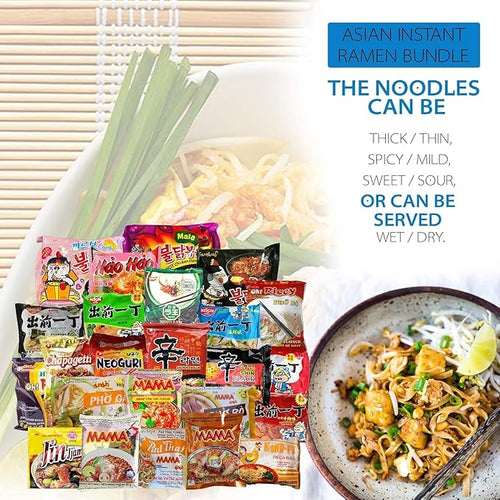 (30 Packs) Ramen Mystery Box - Global Flavor Adventure with a Mix of Spicy &amp Non-Spicy Noodles Bundle with Fun Recipe Book
