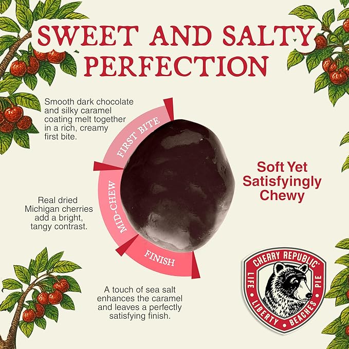 Cherry Republic Sweetly Salted Caramel Dark Chocolate Covered Cherries - 12oz Bag Dried Montmorency Salted Caramel Dark Chocolate Cherries Gourmet Candy Gift or Snack Resealable Made in USA