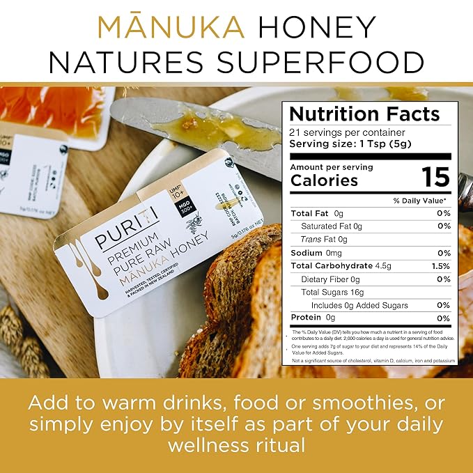 PURITI Genuine Raw Manuka Honey Snaps On The Go - UMF 10+ (MGO300+) 21 x 0.18oz Individual Snap Packets Single Serve Honey Sticks for Tea Travel &amp Snacks Certified Authentic Made in New Zealan