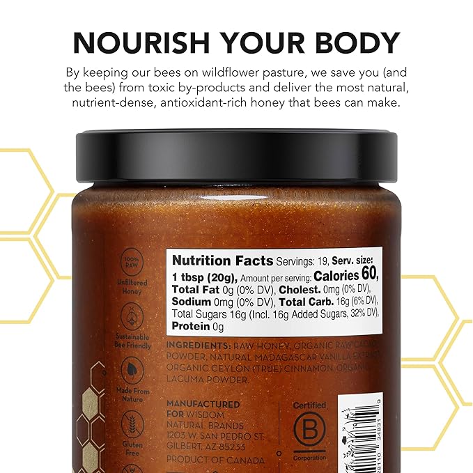 Drizzle Cacao Luxe Raw Honey - All Natural Pure Raw Honey with Organic Cacao Unfiltered &amp Unheated Use in Tea &amp Coffee Sugar Substitute Certified Kosher - 13.2 oz Jar (375 g)