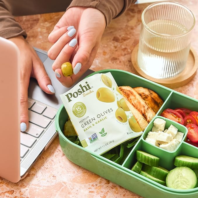 Poshi Natural Whole Pitted Olives | 24 Pack Variety | Basil &amp Garlic Chili &amp Oregano Chili + Garlic Lemon &amp Rosemary | Vegan Kosher Gluten Free + Keto Friendly Healthy Snacks 1.1 Oz