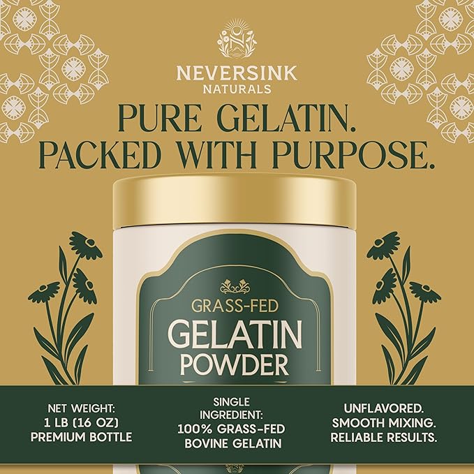 Neversink Naturals Grass Fed Gelatin Powder - Unflavored – 100% Grass-Fed Bovine Gelatin – 11g Protein – Keto &amp Paleo – Beef Gelatin Powder for Gummies Bone Broth Baking Desserts and Cooking
