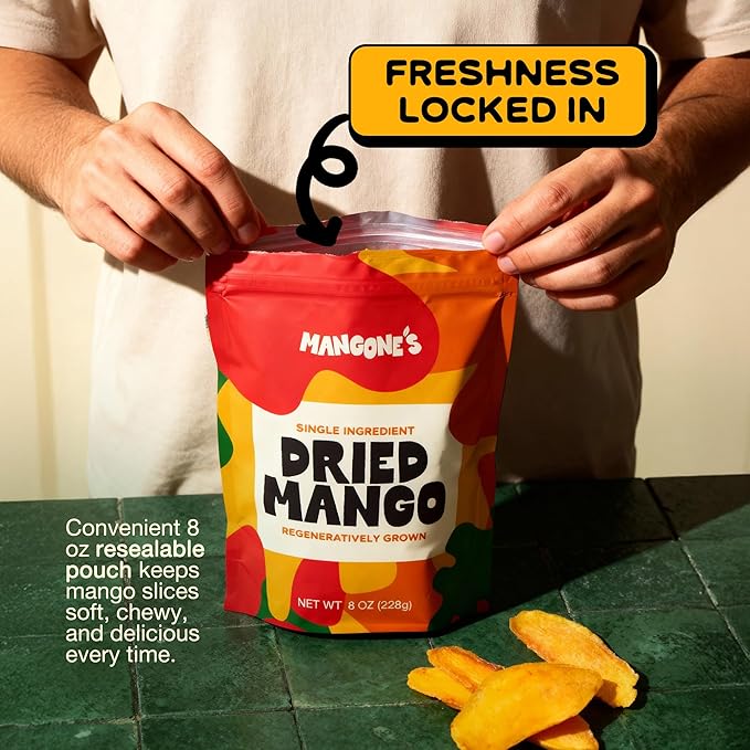Mangone’s Organic Dried Mango 5 Packs (8 oz each) | Mango Dried Fruit Unsweetened | Single-Ingredient Dehydrated Fruit Slices | 100% Natural Dried Fruit Snacks | Soft Chewy Tropical Snack