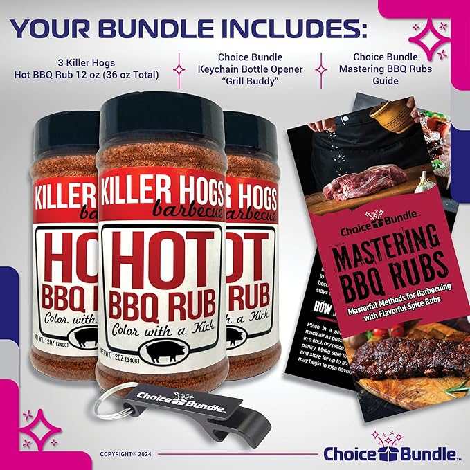 Killer Hogs Hot BBQ Rub Premium Barbecue Rub &amp Seasoning 3 pk (36 oz) + Guide &amp Bottle Opener (5 Items)!