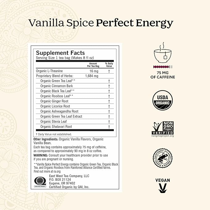 Yogi Tea Vanilla Spice Perfect Energy Tea - 16 Tea Bags per Pack (6 Packs) - Organic Vanilla Energy Tea - Focus Tea - Includes Green Tea Black Tea Ashwagandha L-Theanine &amp More